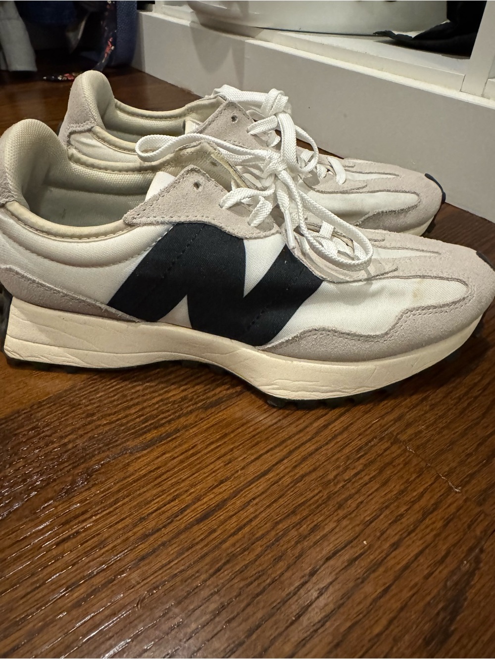 New Balance Womens Sneakers in White and Black with Cream Accents